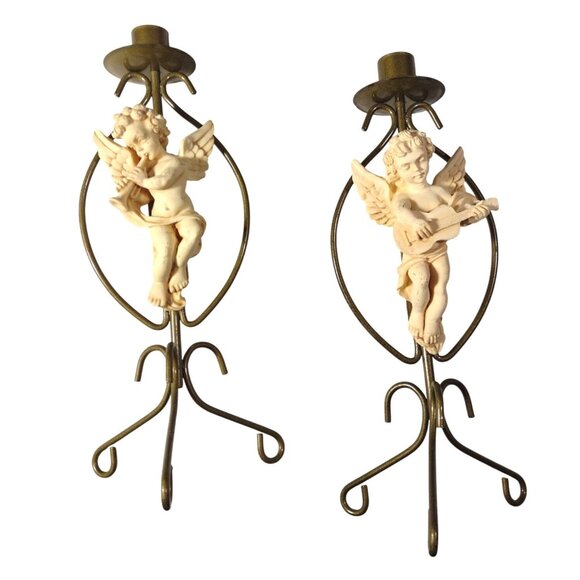 Vintage Angel Cherub Taper Candle Holders Set Of 2 Gold Brass Resin 12" Baroque - Picture 3 of 9